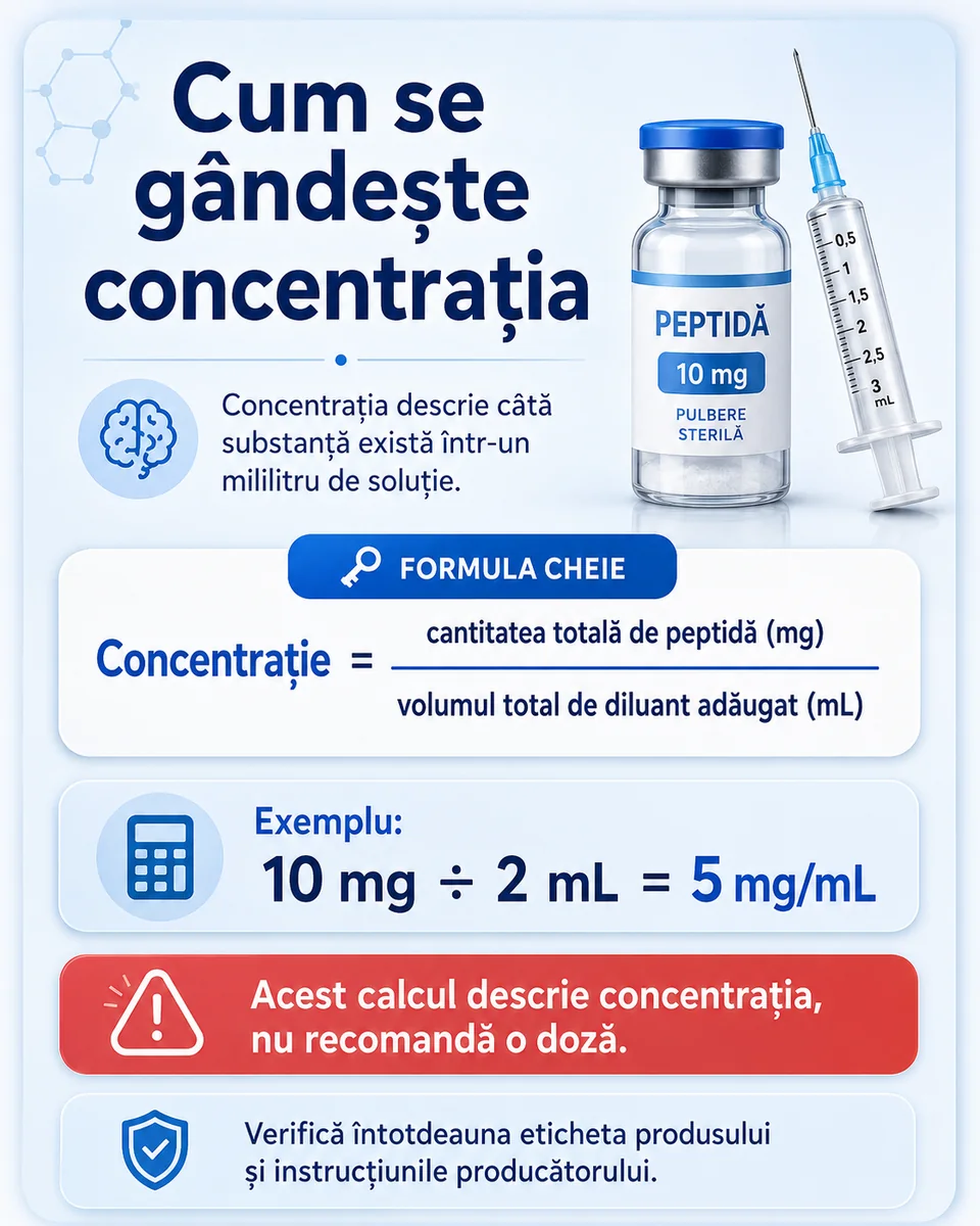 Formula concentrației pentru peptide reconstituite: cantitatea totală de peptidă împărțită la volumul total de diluant adăugat.