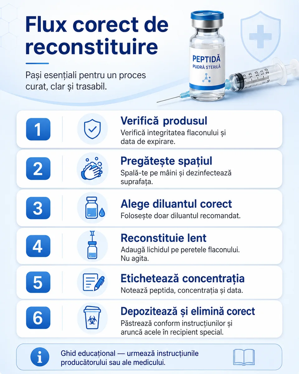 Flux educațional de reconstituire a peptidelor: verificare produs, pregătire spațiu, alegere diluant, reconstituire lentă, etichetare și eliminare corectă.