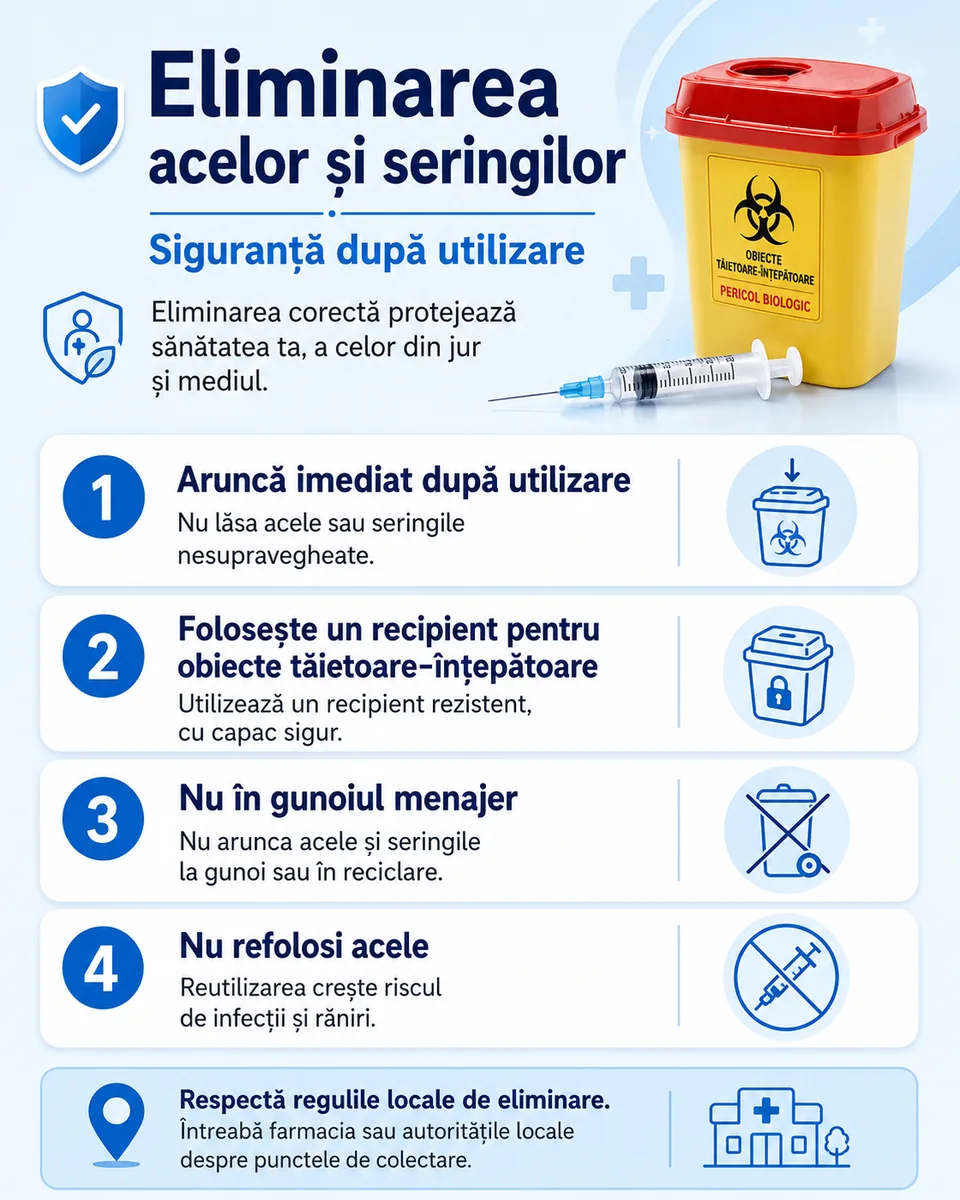 Reguli pentru eliminarea acelor și seringilor: aruncare imediată, recipient special, nu gunoi menajer și nu refolosire.